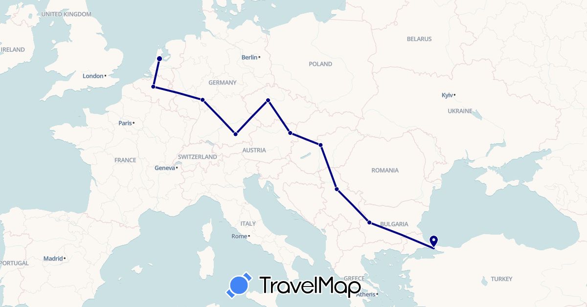 TravelMap itinerary: driving in Austria, Belgium, Bulgaria, Czech Republic, Germany, Hungary, Netherlands, Serbia, Turkey (Asia, Europe)