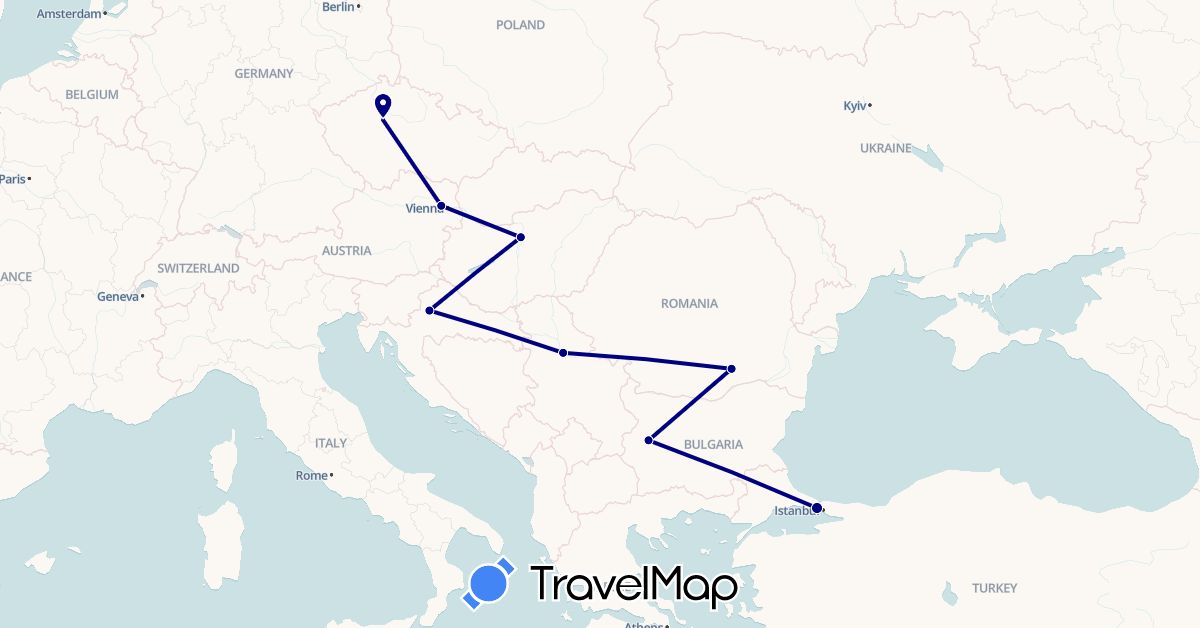 TravelMap itinerary: driving in Austria, Bulgaria, Czech Republic, Croatia, Hungary, Romania, Serbia, Turkey (Asia, Europe)